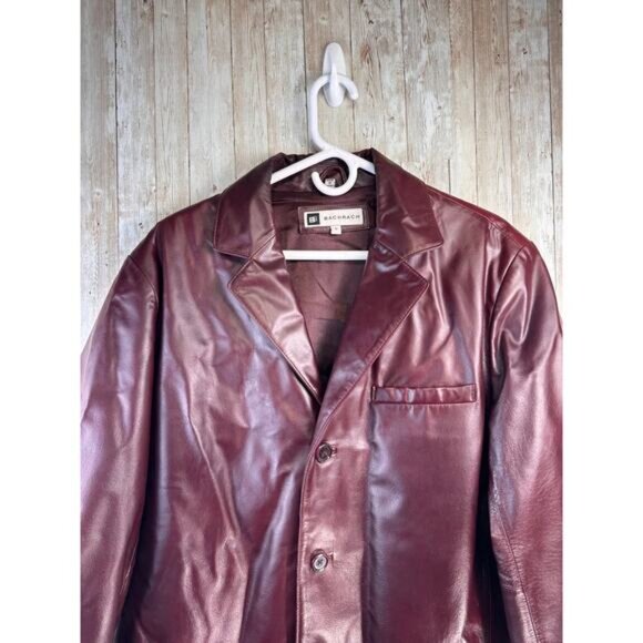 BachRach Leather Jackets Mens L Cranberry Red Button Up Satin Lined Notch Lapel - Picture 3 of 6